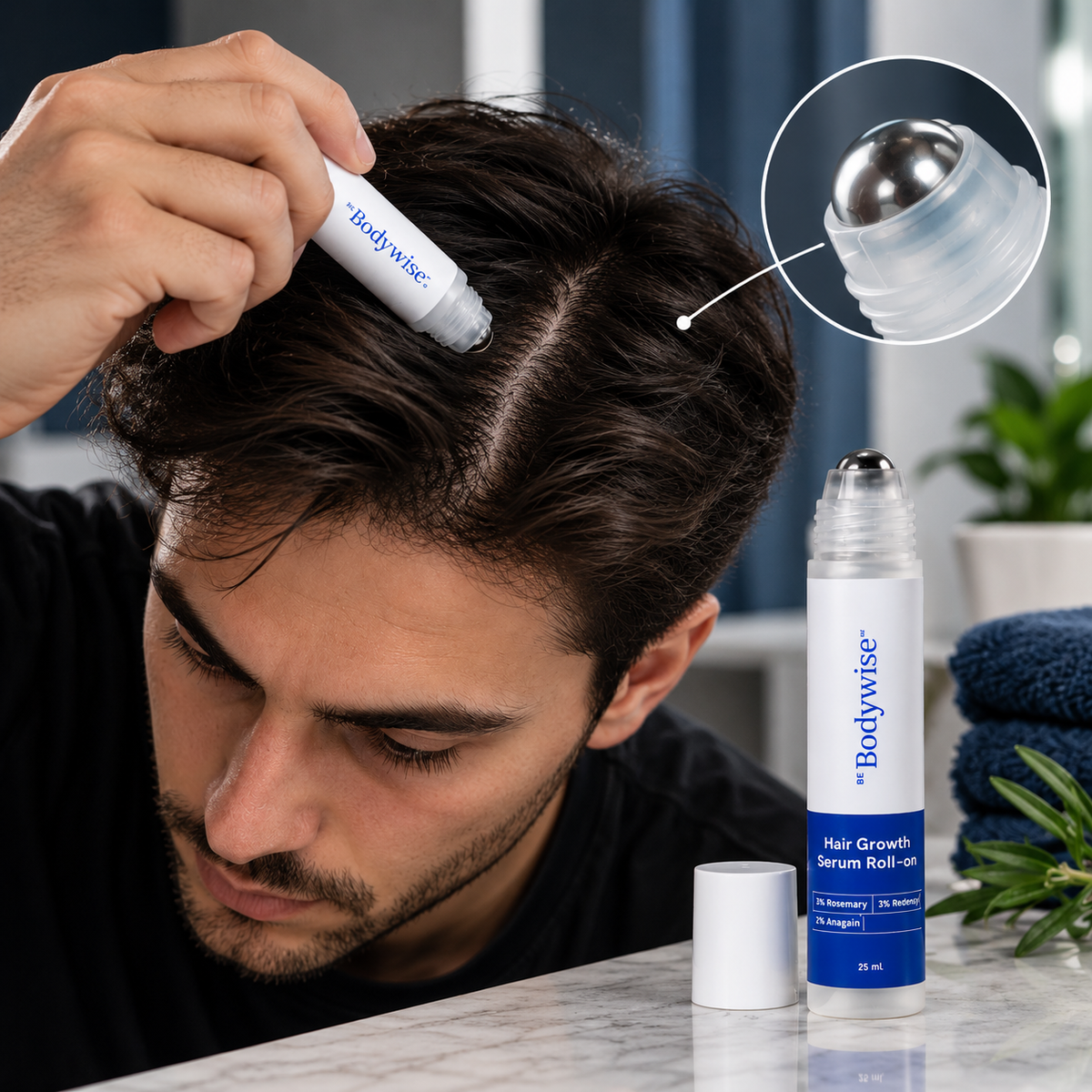 Applying the rosemary hair serum with the built-in roller